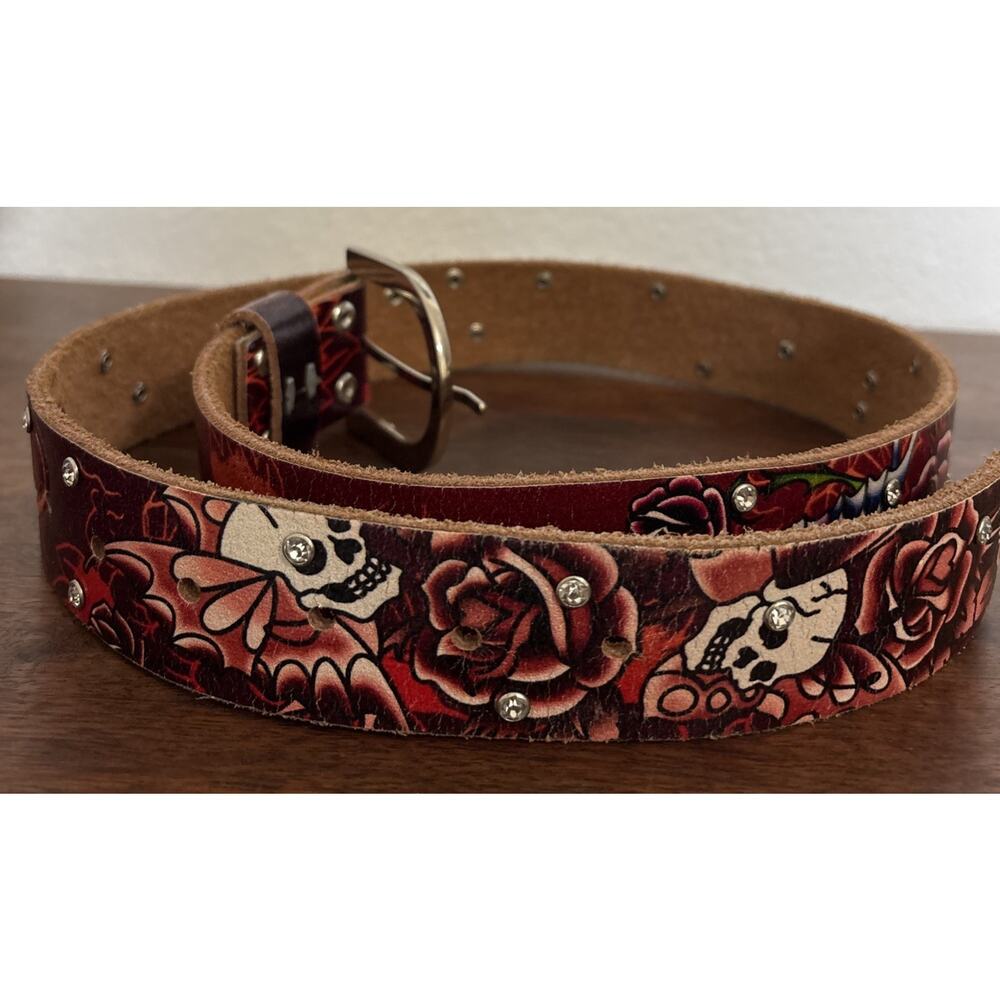 Vintage Ed Hardy Love Kills Slowly Belt Skulls Roses Rhinestones Y2K Size 29”